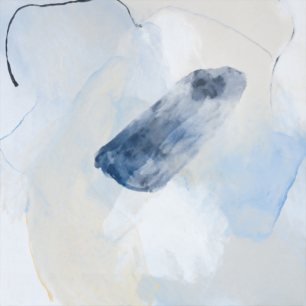Soft ivory abstract with a dark indigo center, pale blue edges, and thin charcoal lines