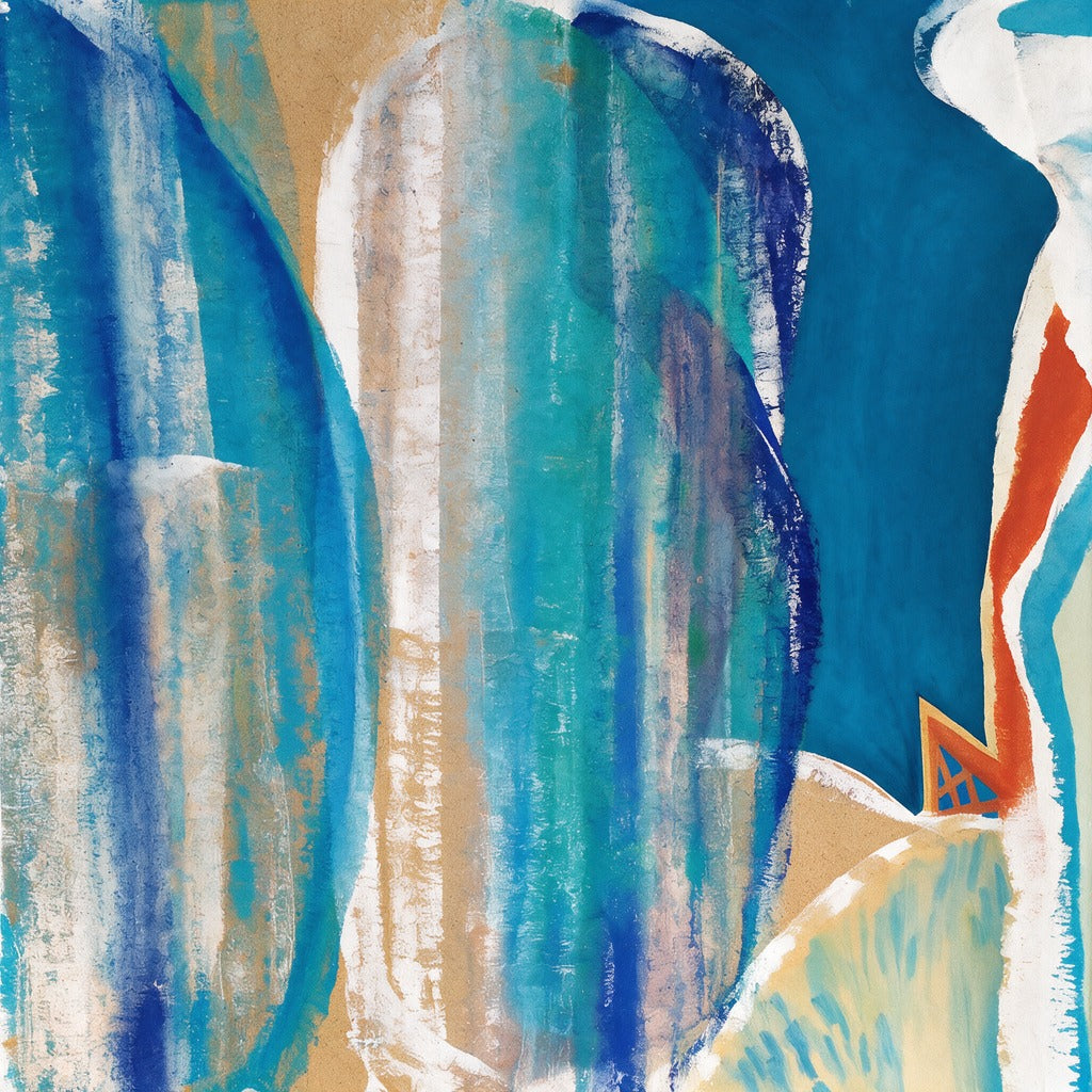 Layered blue and turquoise abstract with cream bands, tan streaks, and a rust accent