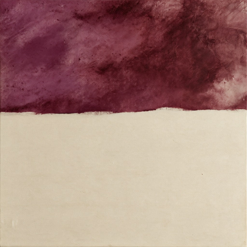 Deep plum abstract cloud band over a wide cream field with a rough horizontal edge