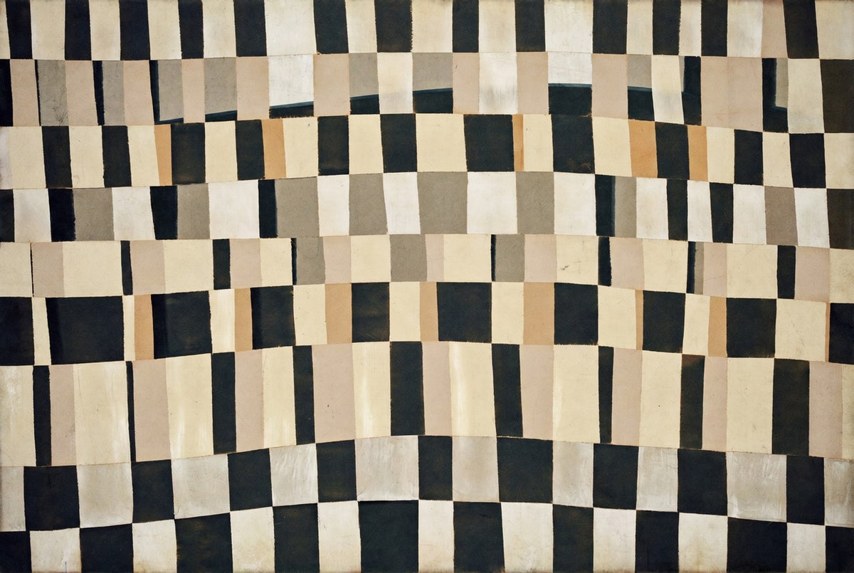 Curved checker bands in black, cream, tan, and gray sweep across the abstract canvas