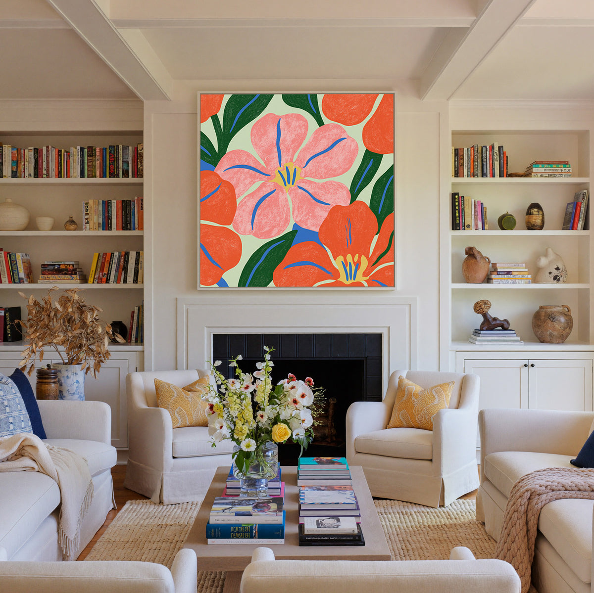 pink and orange floral abstract with blue canvas wall art in a white frame above a fireplace