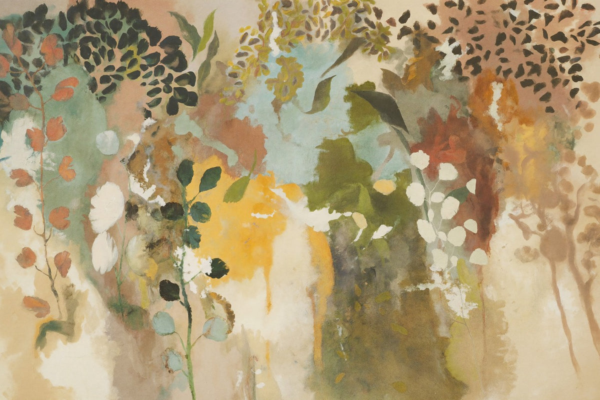 Botanical abstract with olive leaves, saffron blooms, blush stems, and cream open space