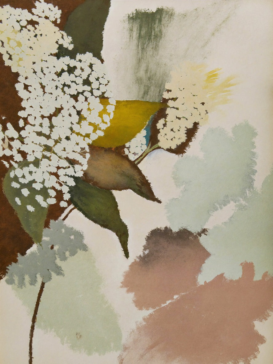 Pale green and blush abstract shapes with mustard and olive accents on a light ground