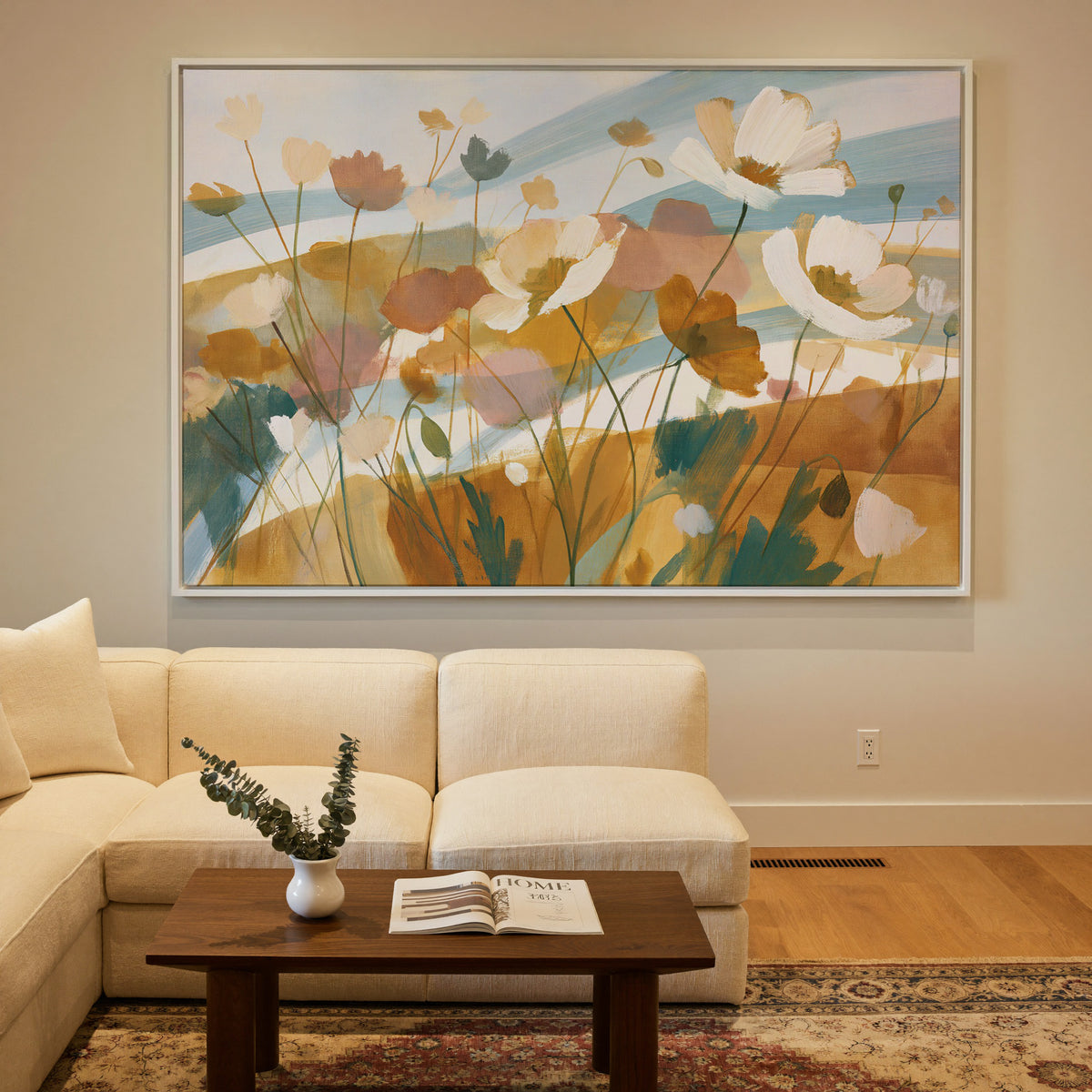 pale apricot poppies with blue bands canvas wall art in a white frame in a styled room setting