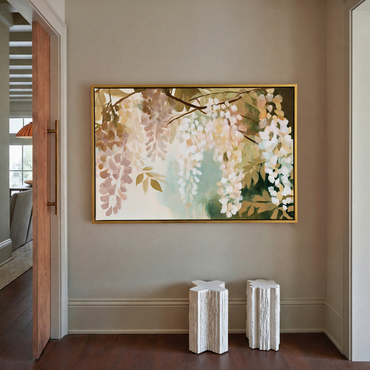soft hanging wisteria in cream, blush, and sage canvas wall art in a gold frame in a styled room setting