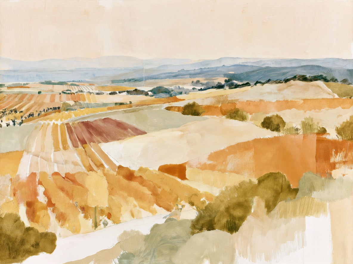 Vineyard hills in ochre, cream, and blue-gray stretch beneath a pale sky with dark vine rows