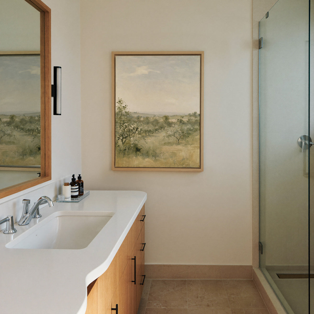 late summer orchard with uneven rows of small canvas wall art in a natural wood frame in a styled room setting