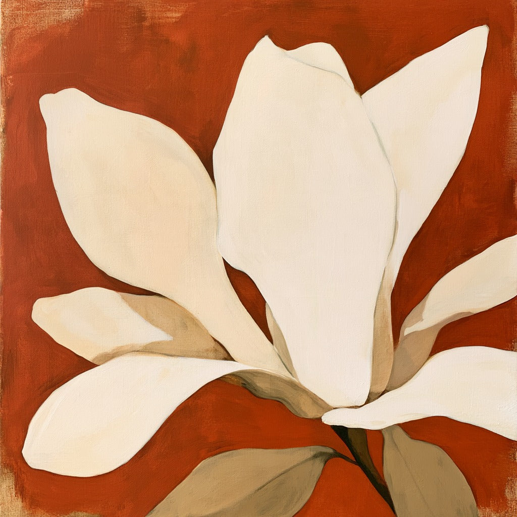 Oversized ivory magnolia with overlapping petals, taupe leaves, and a warm terracotta background