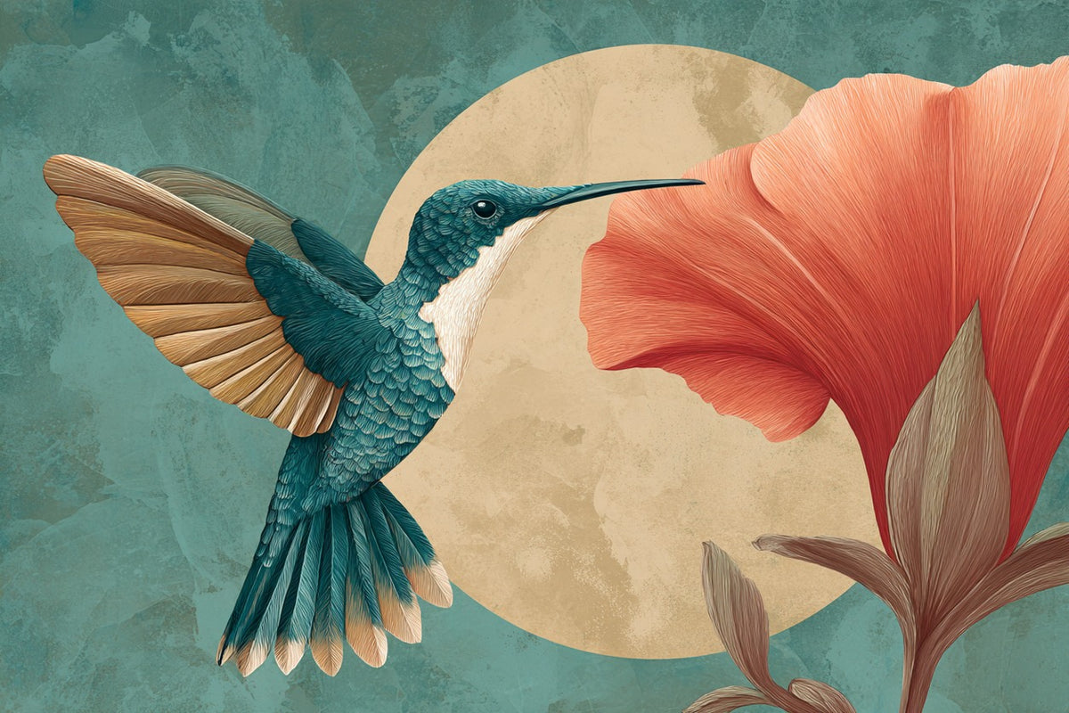 Teal hummingbird with fanned tan wings beside a large coral flower, backed by a beige circle