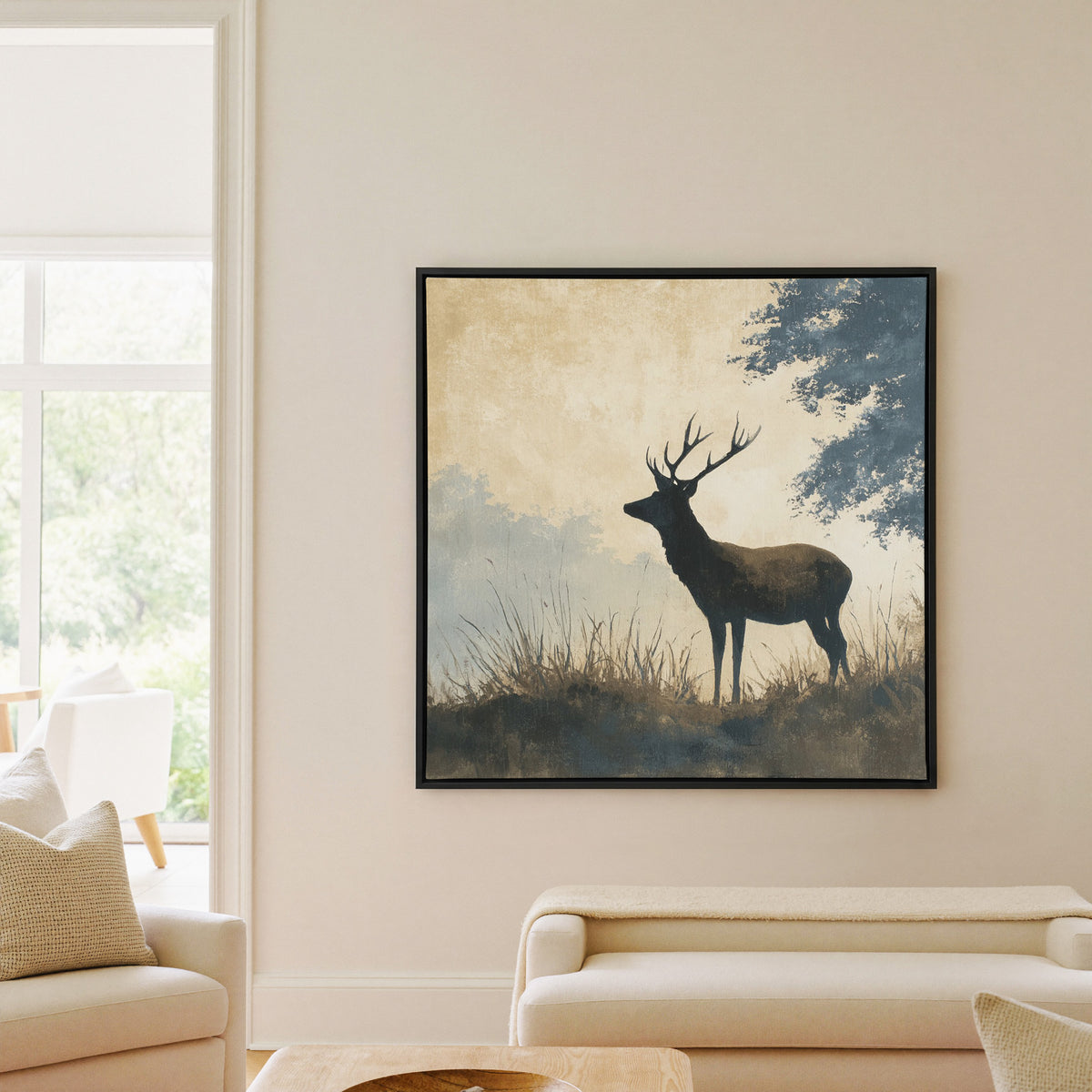 stag in profile beneath blue gray woodland canvas wall art in a black floater frame in a living room