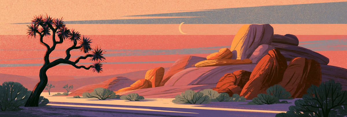 Twisted Joshua tree facing orange and purple boulders beneath a coral sky with a yellow crescent moon
