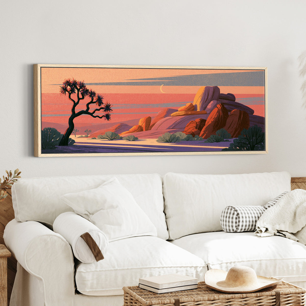 twisted joshua tree beside purple canvas wall art in an oak finish floater frame in a styled room setting