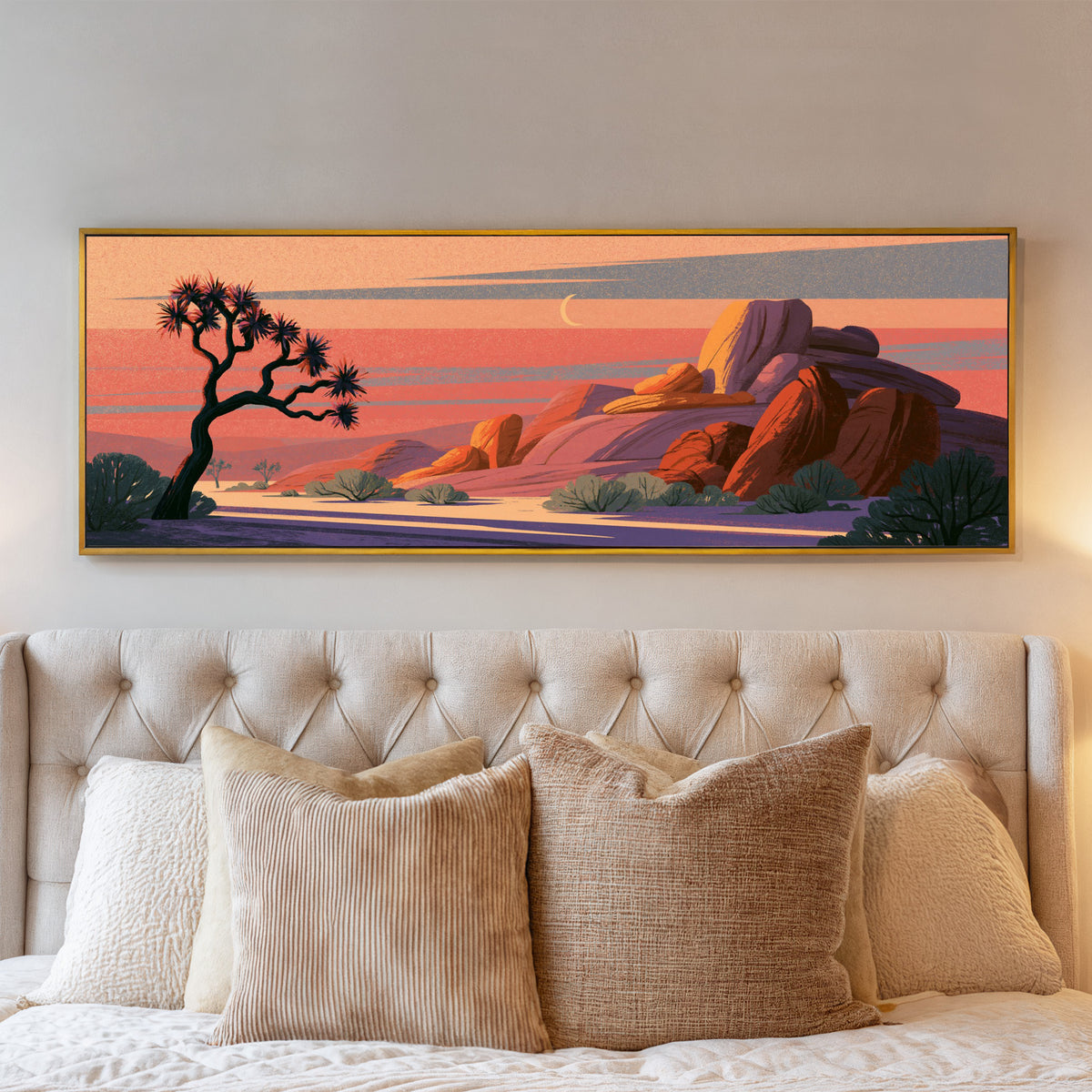 twisted joshua tree beside purple and orange canvas wall art in a gold floater frame above a bed