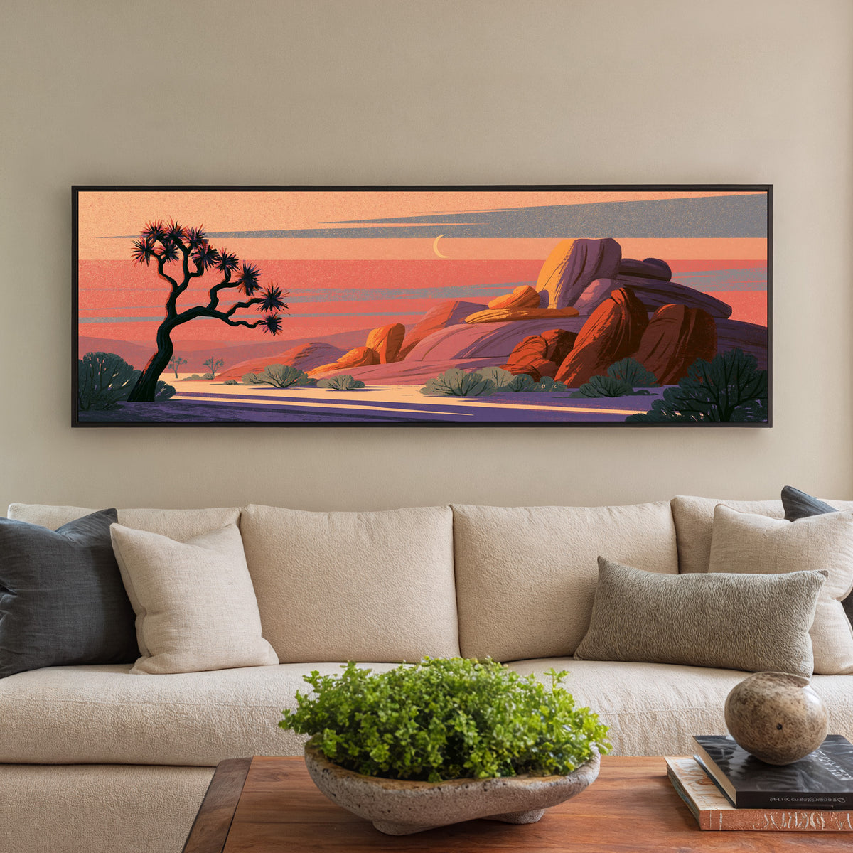 twisted joshua tree beside purple and orange canvas wall art in a black floater frame in a styled room setting