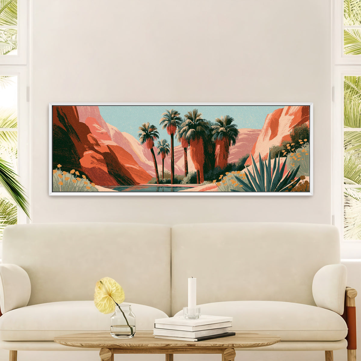 clustered palms beside a blue green pool canvas wall art in a white floater frame in a styled room setting