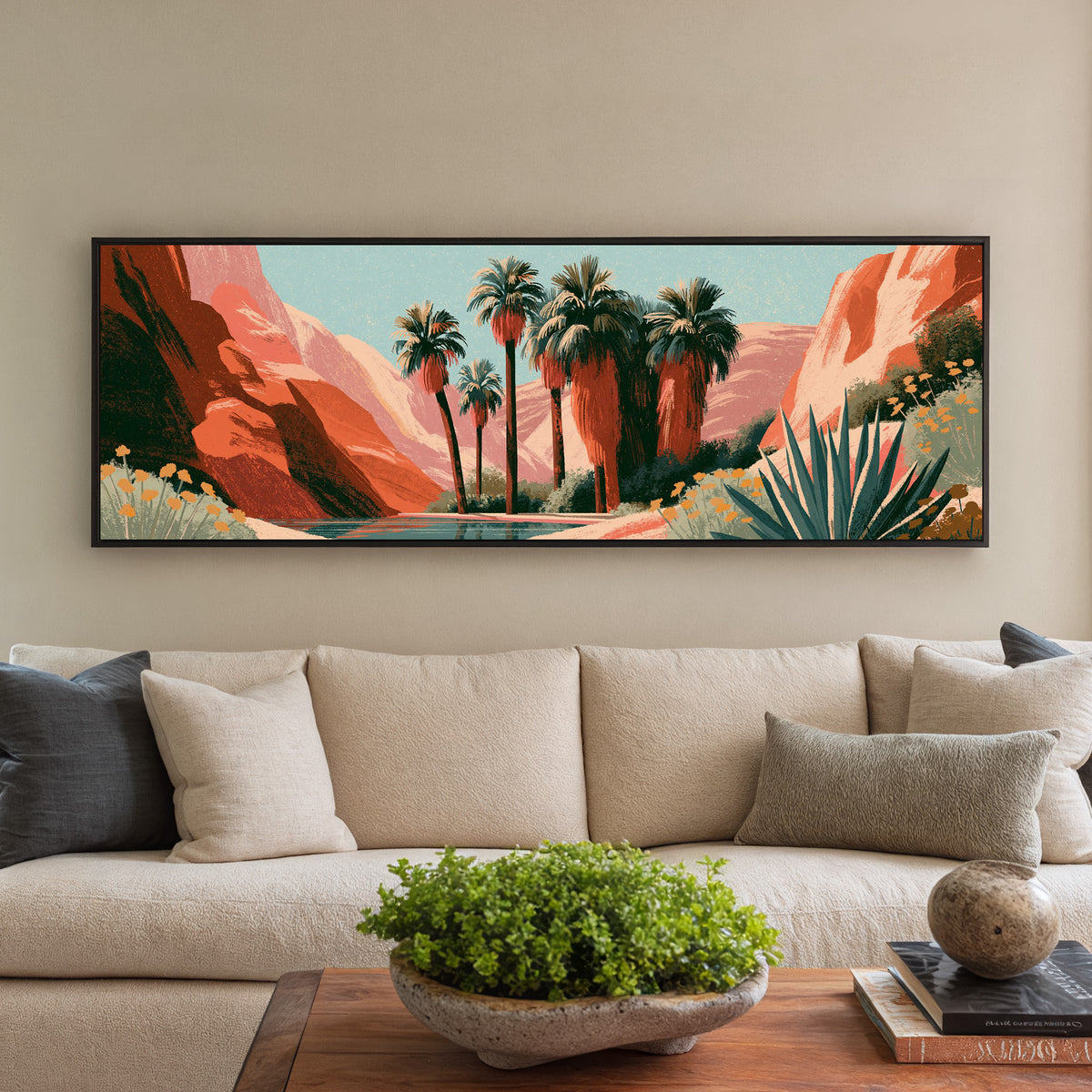 clustered palms beside a blue green pool canvas wall art in a black floater frame in a styled room setting
