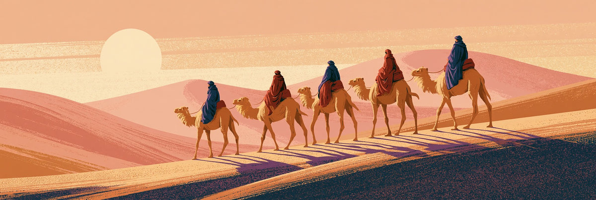 Five camel riders crossing peach dunes beneath a pale sun, with purple shadows and blue and rust robes