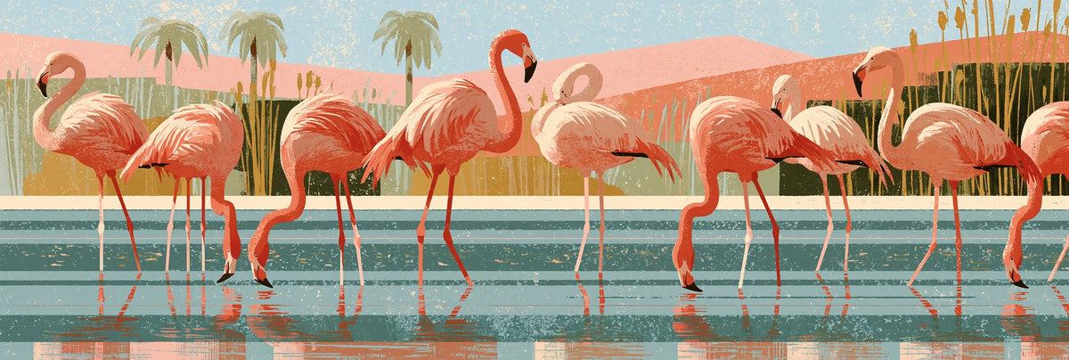 Pink flamingos standing and feeding in teal water, with coral hills, palms, and tall reeds behind
