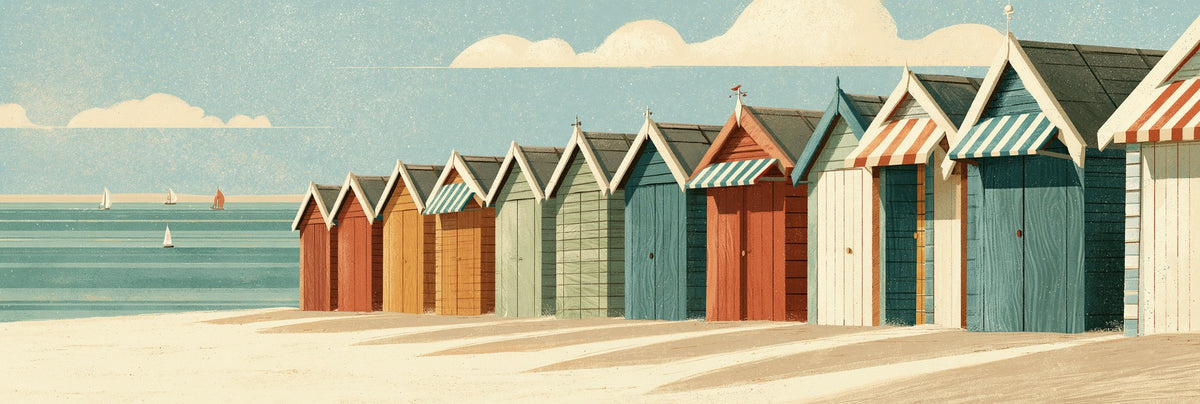 Beach huts with striped awnings receding beside teal water, cream sand, and small distant sailboats