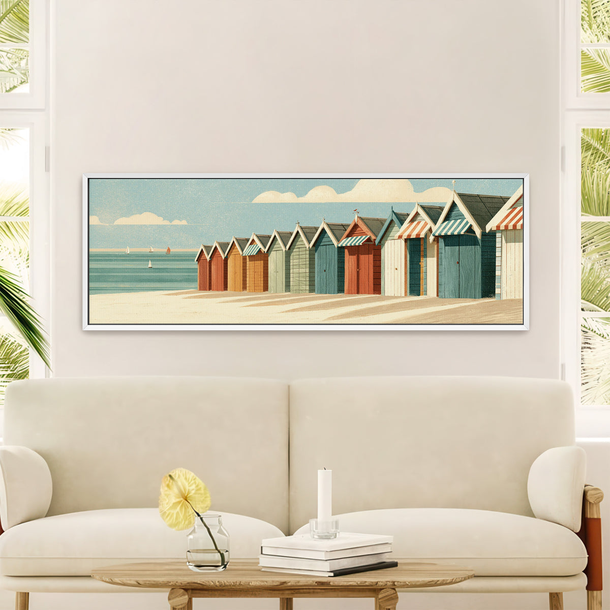 receding beach huts with striped canvas wall art in a white floater frame in a styled room setting