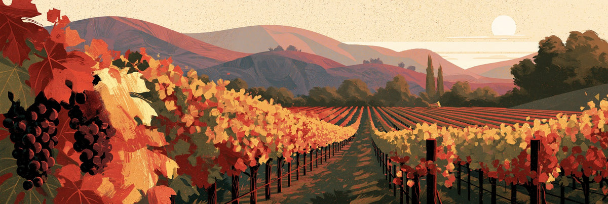 Dark grape clusters beside red and yellow vineyard rows converging toward layered hills and a pale sun