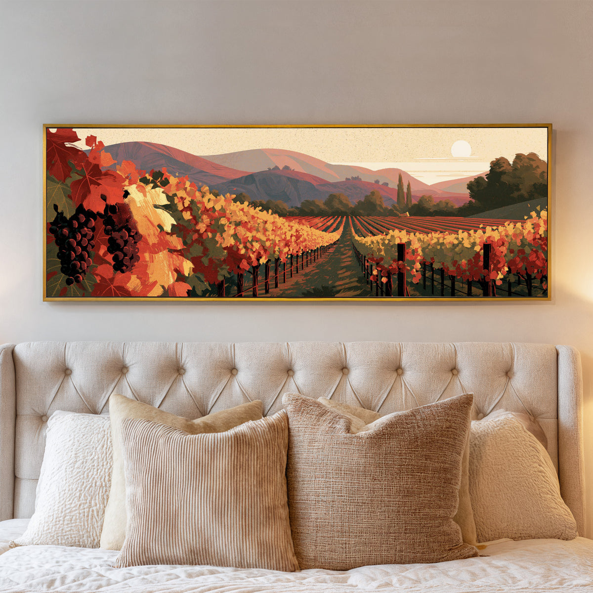 converging vineyard rows with red and yellow canvas wall art in a gold floater frame above a bed