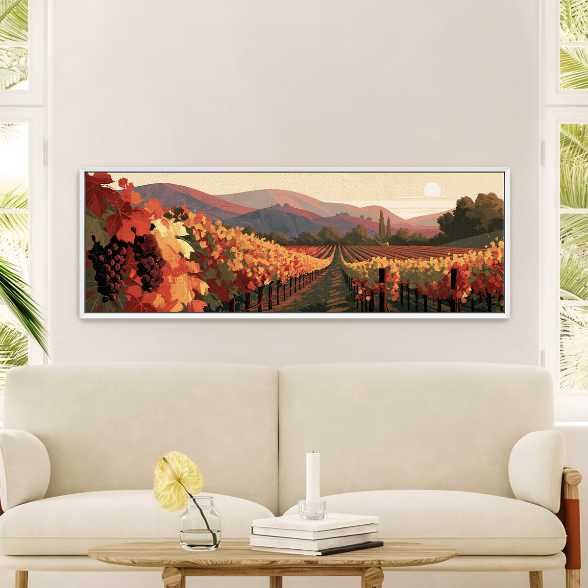 converging vineyard rows with red and yellow canvas wall art in a white floater frame in a styled room setting
