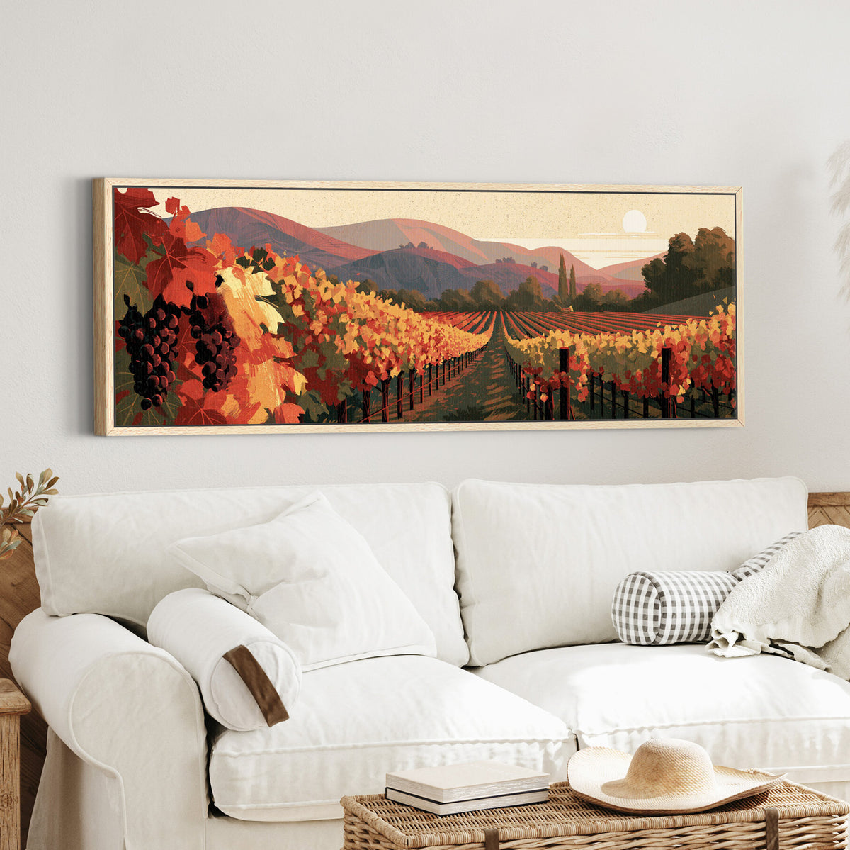 converging vineyard rows with red canvas wall art in an oak finish floater frame in a styled room setting