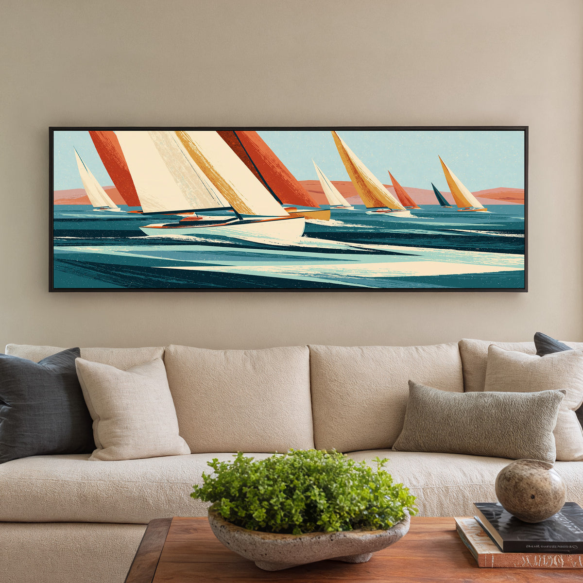 cream and terracotta sails racing canvas wall art in a black floater frame in a styled room setting