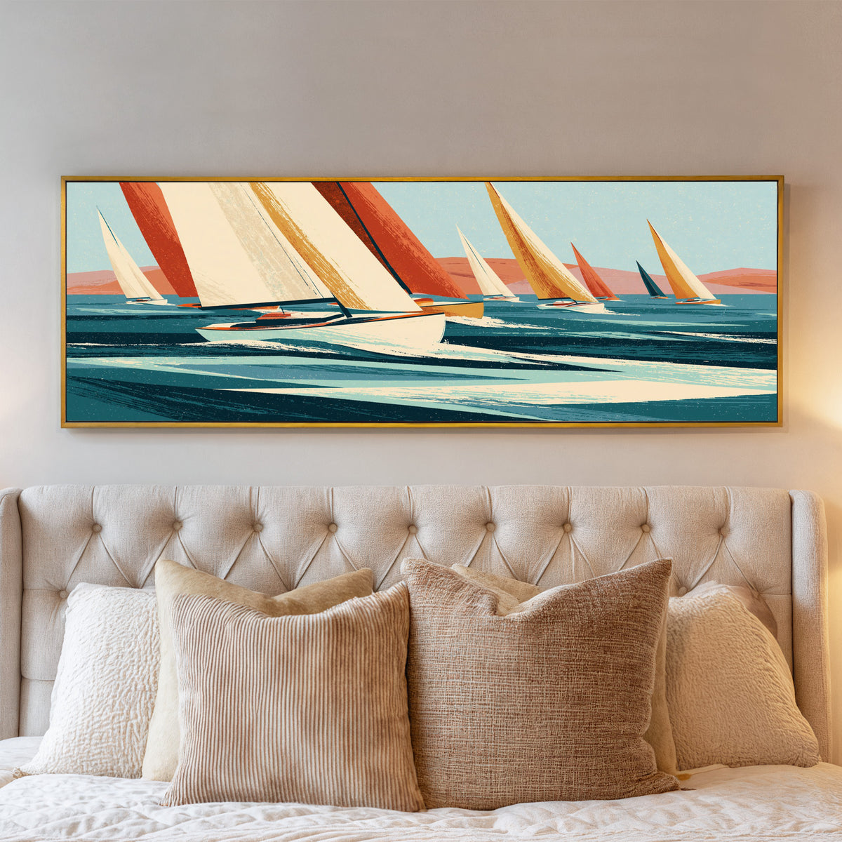 cream and terracotta sails racing across teal canvas wall art in a gold floater frame above a bed