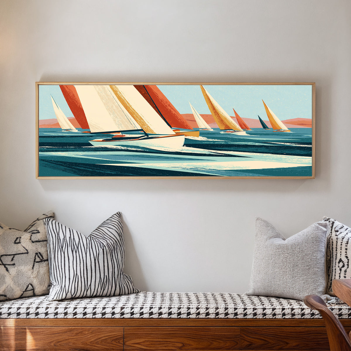 cream and terracotta sails racing across teal canvas wall art in a natural floater frame in a living room