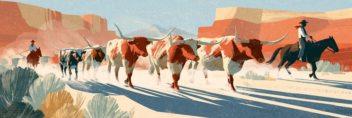 Longhorn cattle flanked by mounted riders beneath terracotta cliffs, with blue shadows on cream ground
