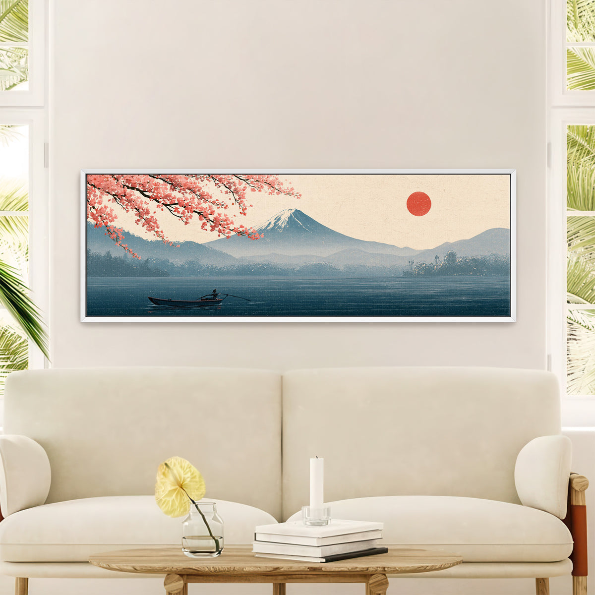 mount fuji above a blue lake with canvas wall art in a white floater frame in a styled room setting