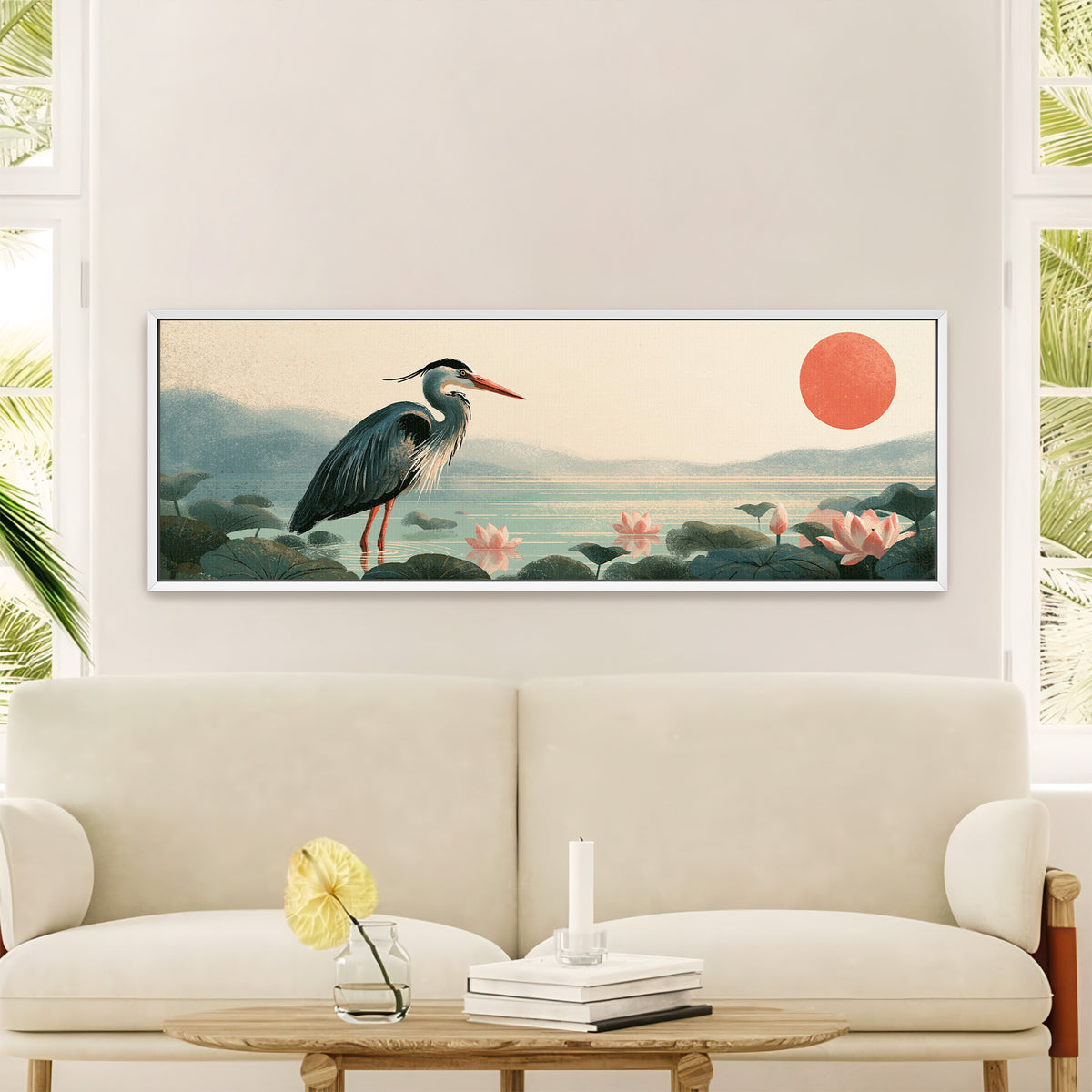 blue gray heron among pink lotus flowers canvas wall art in a white floater frame in a styled room setting