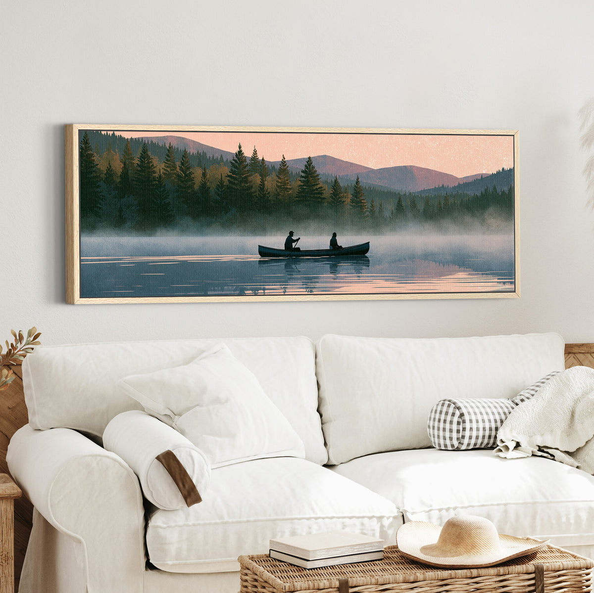 two canoeists on a misty forest canvas wall art in an oak finish floater frame in a styled room setting