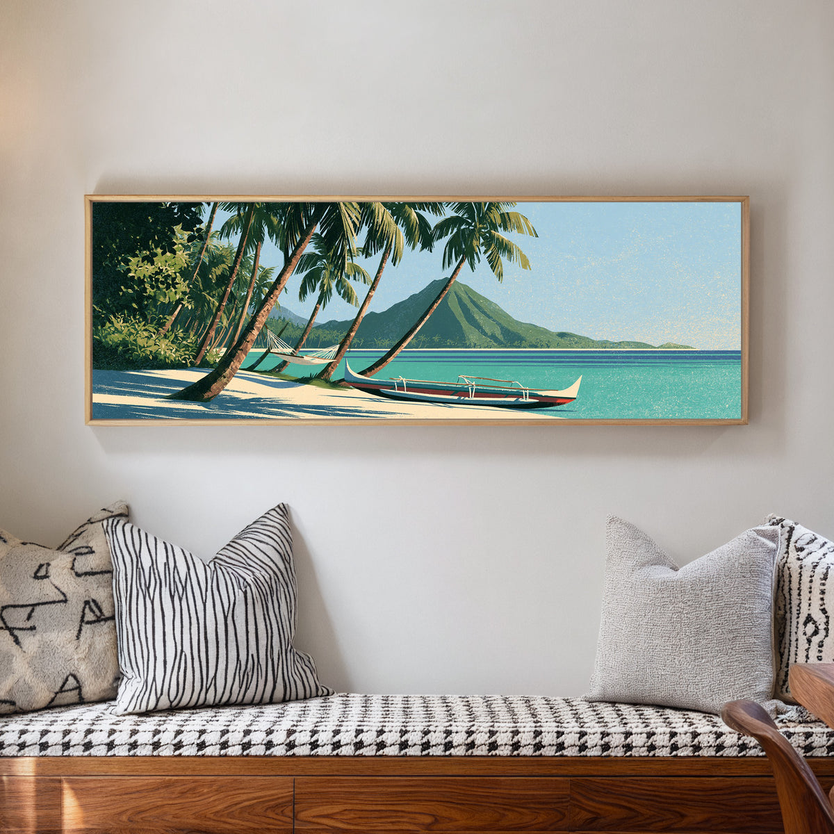 palm shaded beach with a hammock and outrigger canvas wall art in a natural floater frame in a living room