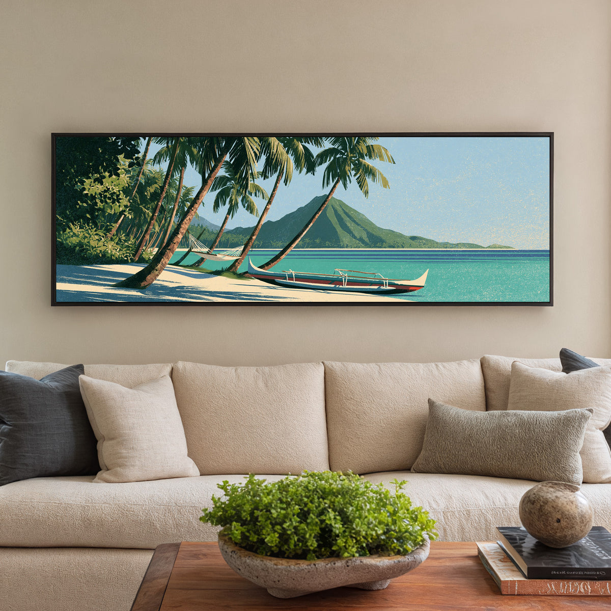 palm shaded beach with a hammock canvas wall art in a black floater frame in a styled room setting
