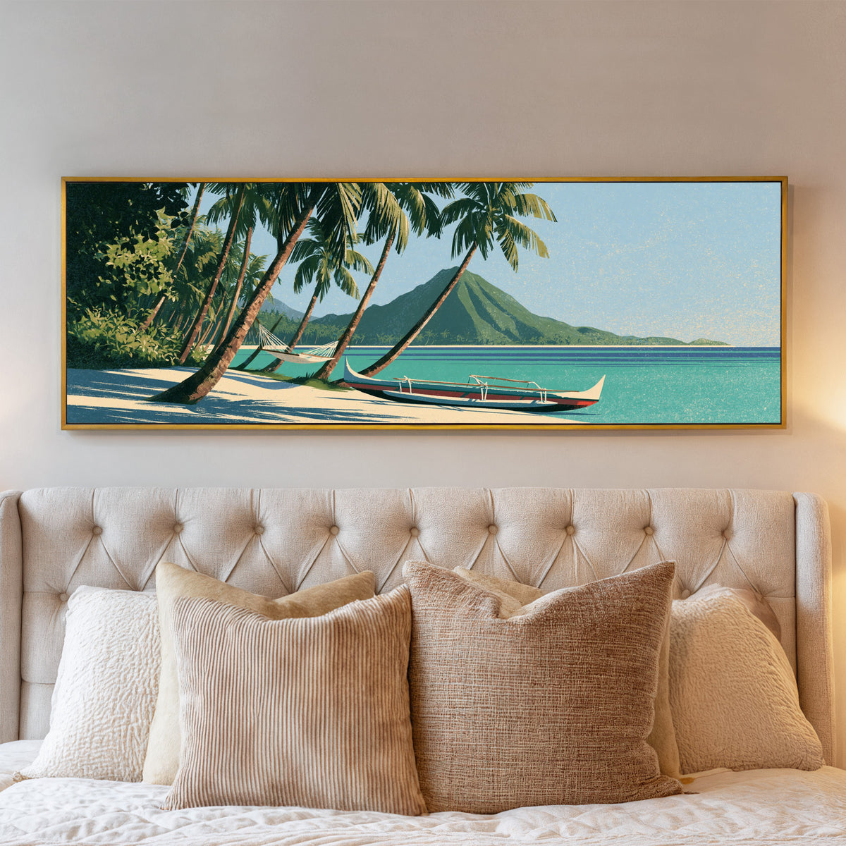 palm shaded beach with a hammock and outrigger canvas wall art in a gold floater frame above a bed