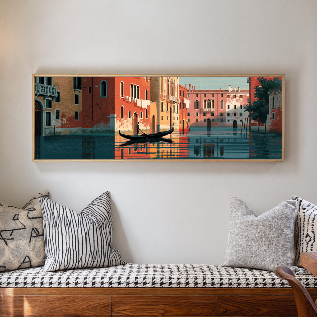 venetian gondola beneath coral facades and canvas wall art in a natural floater frame in a living room