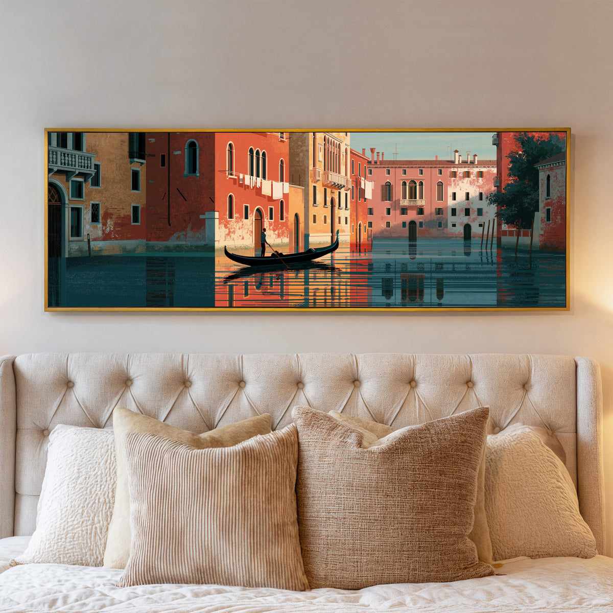 venetian gondola beneath coral facades and canvas wall art in a gold floater frame above a bed