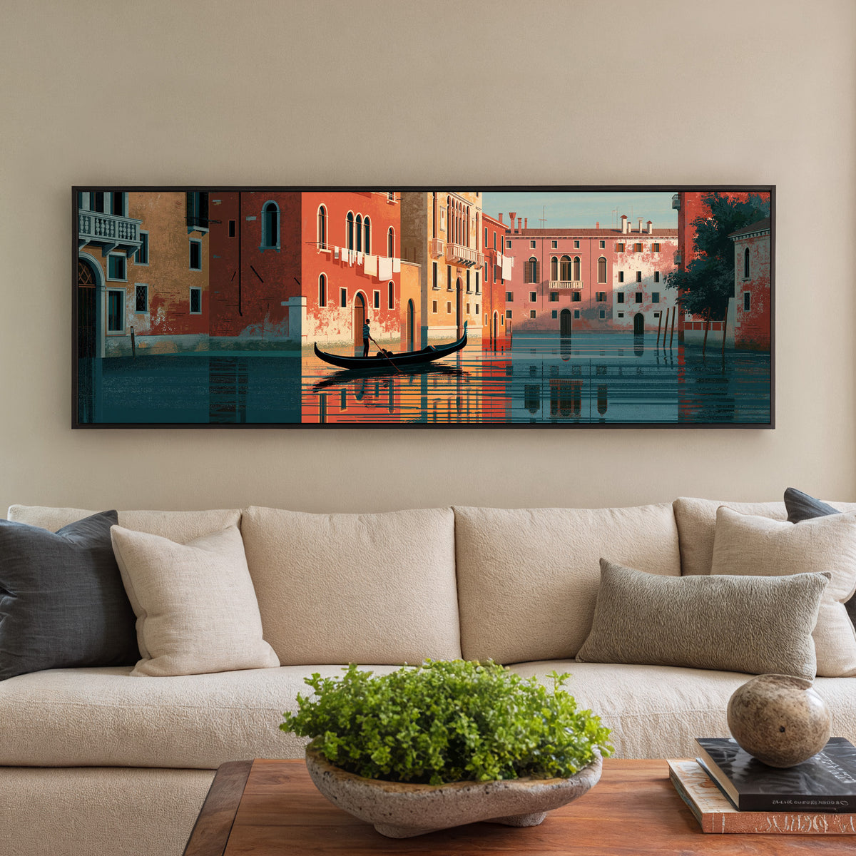 venetian gondola beneath coral facades and canvas wall art in a black floater frame in a styled room setting