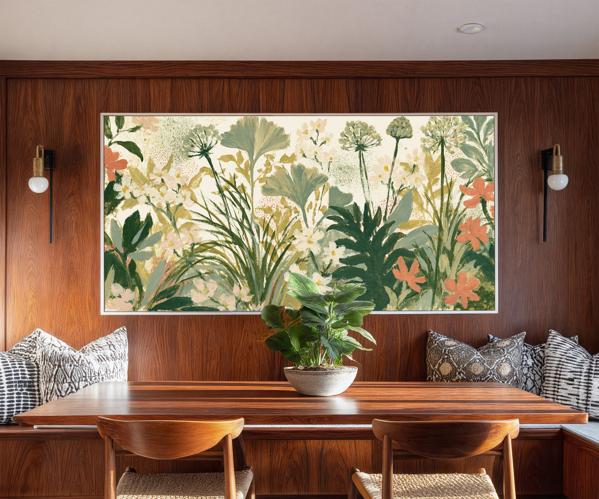 cream ground foliage with sage fans, white canvas wall art in a white floater frame in a styled room setting