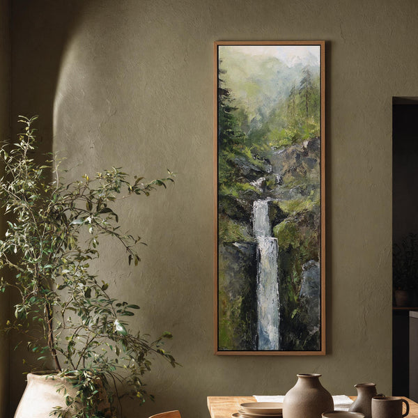 Vertical canvas wall art in interior setting.
