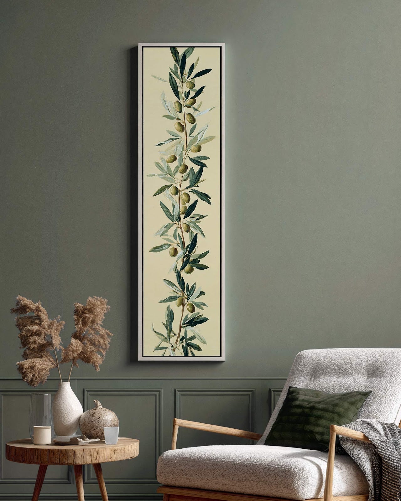Vertical canvas wall art in interior setting.