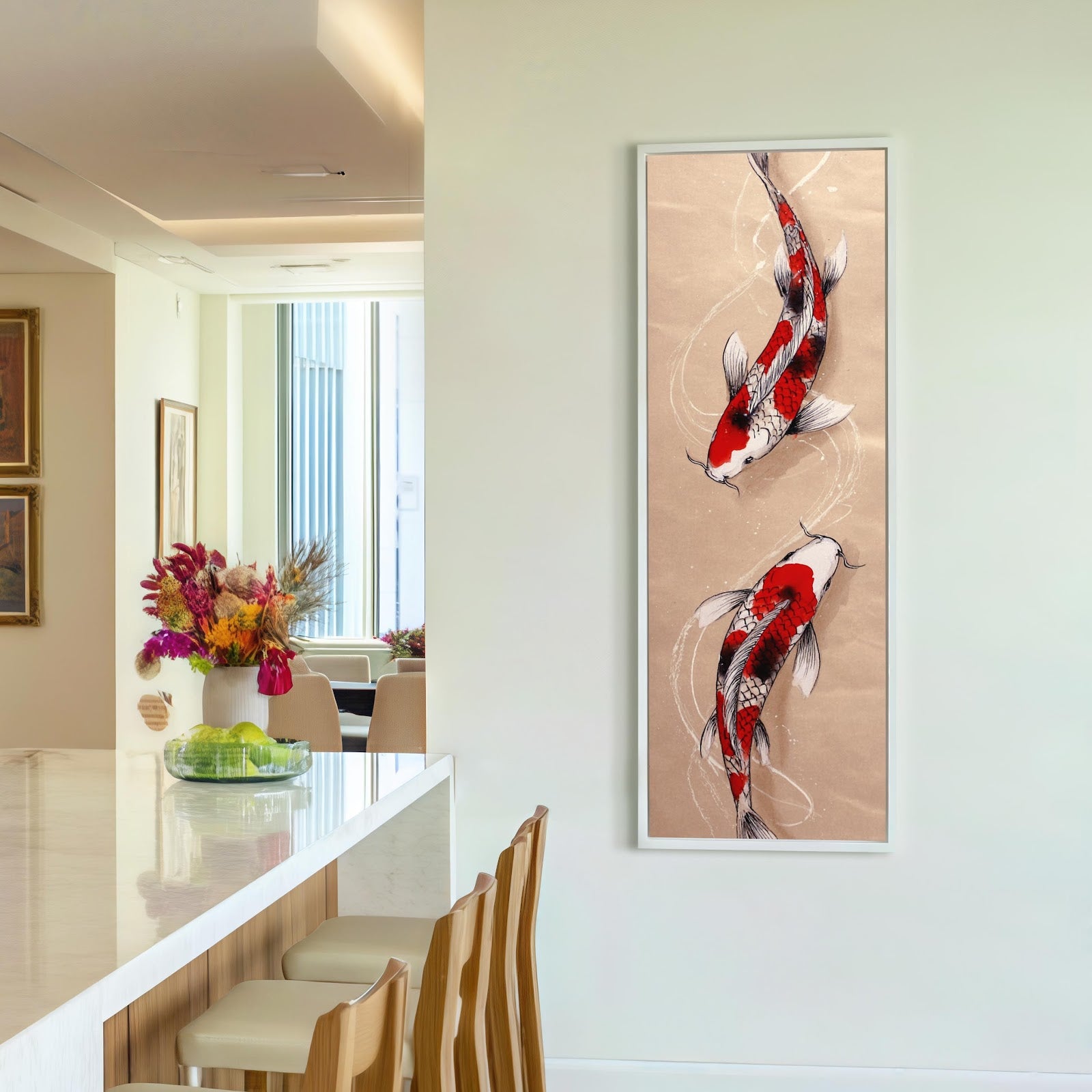 Vertical canvas wall art in interior setting.