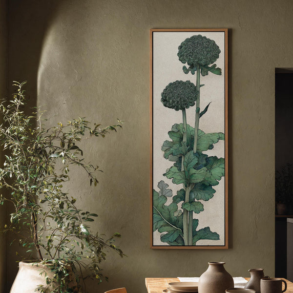 Vertical canvas wall art in interior setting.