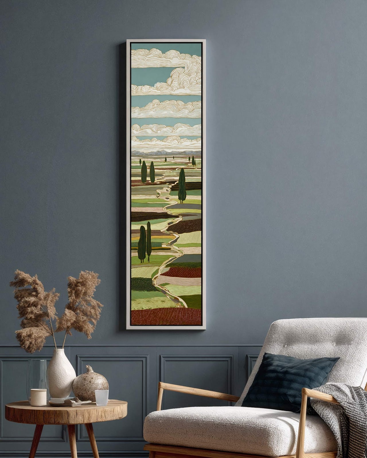 Vertical canvas wall art in interior setting.