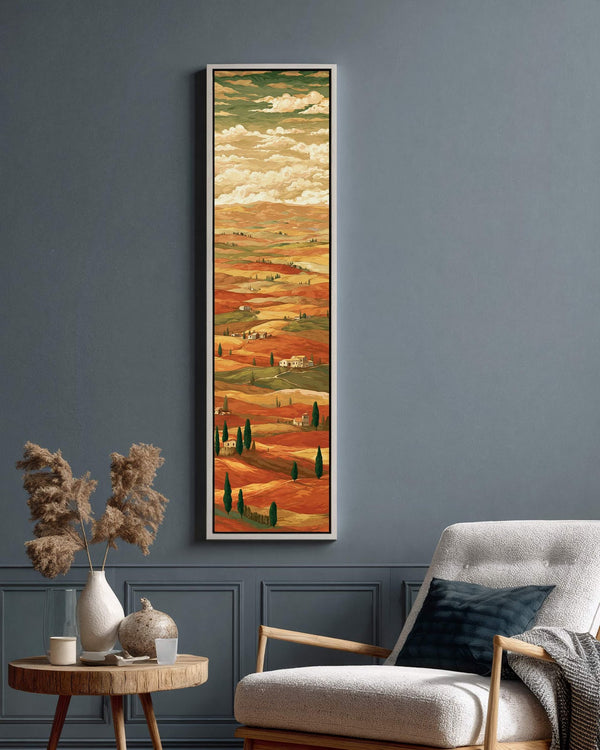 Vertical canvas wall art in interior setting.