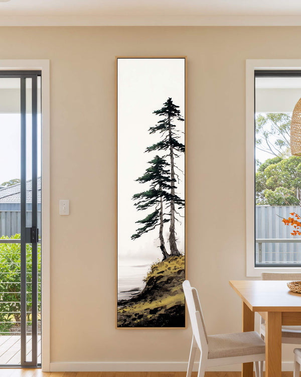 Vertical canvas wall art in interior setting.