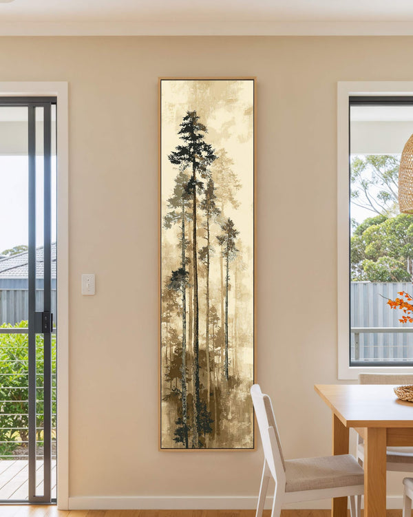 Vertical canvas wall art in interior setting.